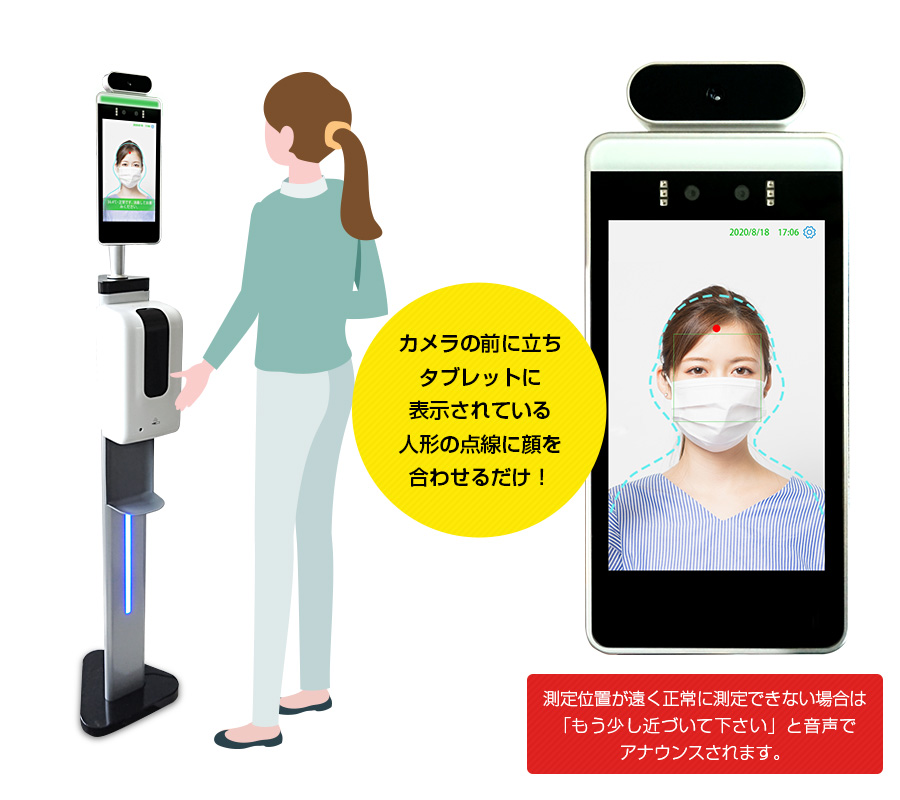 カメラの前に立ちタブレットに表示されている人形の点線に顔を合わせるだけ！