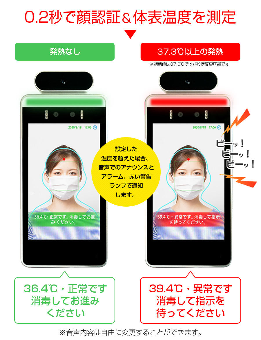 0.2秒で顔認証＆体表温度を測定