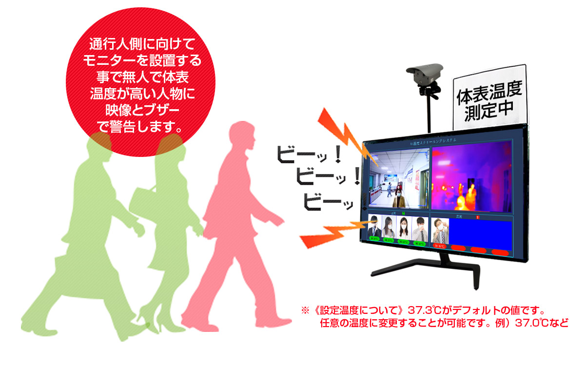 設定した温度を超える発熱者を検知するとアラームを鳴らして通知します
